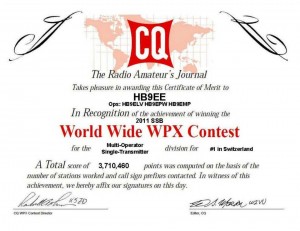 「CQ World-Wide WPX Contest SSB」の賞状（HB9BBのブログから）