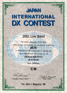 「JAPAN INTERNATIONAL DX
CONTEST（CW部門）」の賞状（同Webサイトから）
