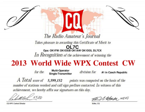 「CQ World-Wide WPX Contest CW」の賞状（OL7Cから）