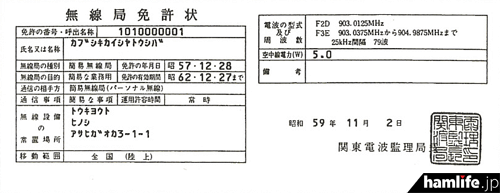 パーソナル無線局の第1号免許状。昭和57年12月28日、株式会社東芝に発給された。機種は技適第一号機の9M51Aだった（PRPC資料より）