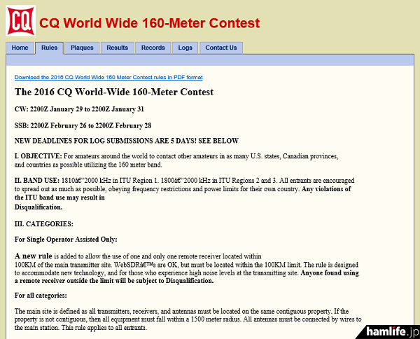 「World-Wide 160Meter DX Contest CW」規約の一部（同Webサイトから）