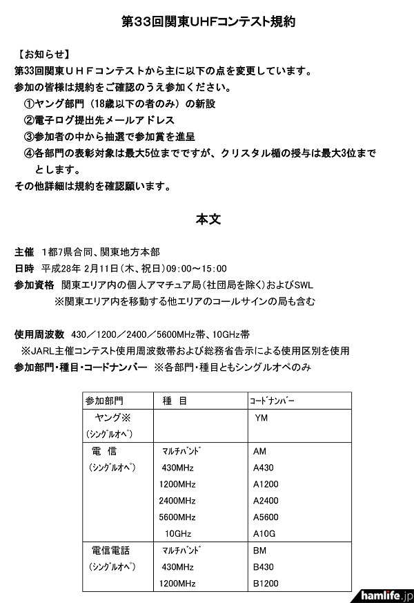 「第33回関東UHFコンテスト」の規約（一部抜粋）