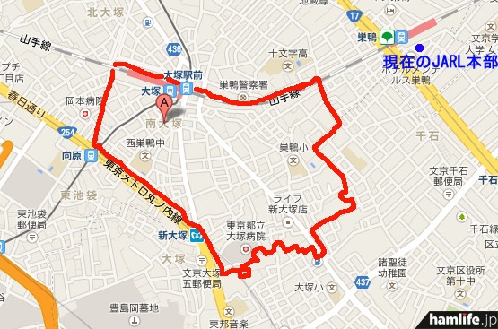 JARL本部事務局が移転する豊島区南大塚地区（赤枠内）は、現在のJARL本部から西南西に位置する （地図：Google）