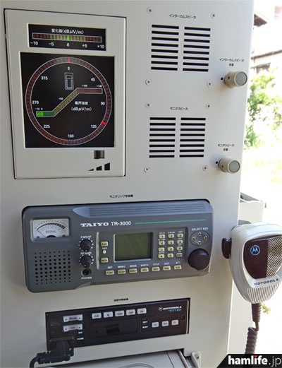 制御表示装置の右側をアップ。左上は車両の受信装置で得られた電波の到来方向と信号強度がわかるLED表示器。右上は受信音を聞くモニタリングスピーカー。中央はモニタリング受信機（TAIYO TR-3000。AORのOEMか?）、その下は連絡用デジタル無線機（モトローラASTRO）