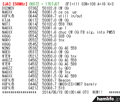 6月19日のDX Scape（JA 50MHz）より。13時21分から15時44分（JST換算）で北米の入感リポートがあがっていた