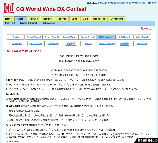 日本語で記載されている「CQ World Wide DX Contest」のルール
