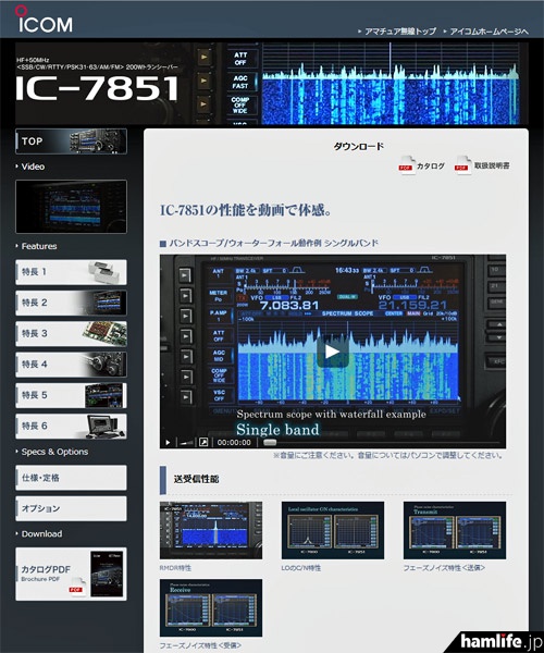 アイコムが公開したIC-7851の性能実証動画のページ