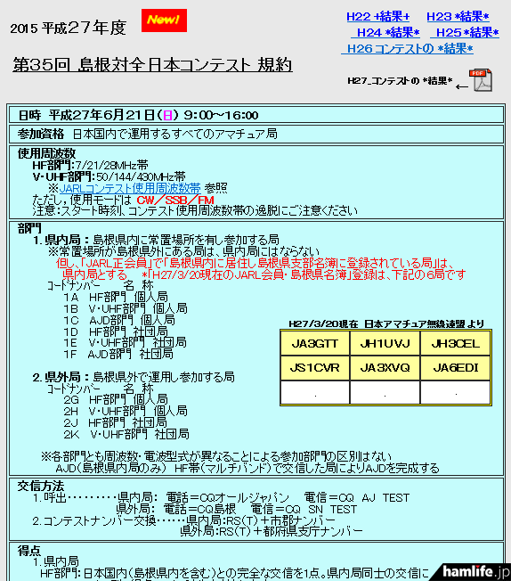 「第35回島根対全日本コンテスト」の規約（一部抜粋）
