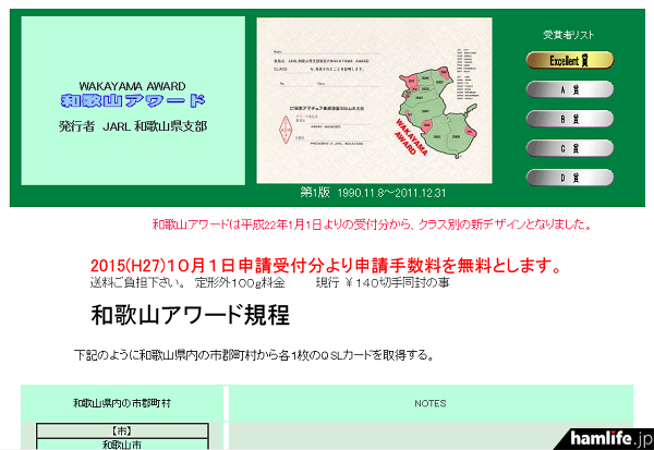 JARL和歌山県支部はWebサイトを通じて「2015（H27）10月1日申請受付分より申請手数料を無料とします。送料ご負担下さい。定形外100g料金 現行￥140切手同封の事」と案内を行っている